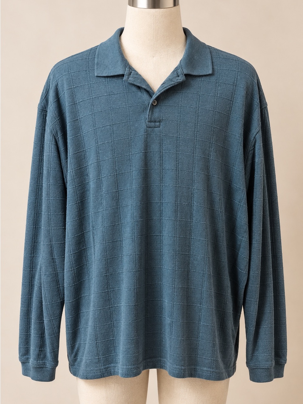 Van Heusen Men’s XXL Long Sleeve Polo Blue Gray Grid Textured Cotton Blend